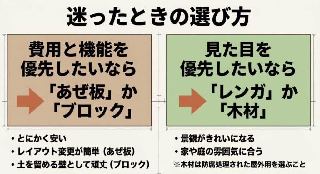 費用と機能を優先する場合はあぜ板やブロック、見た目を優先する場合はレンガや木材を選ぶ目安