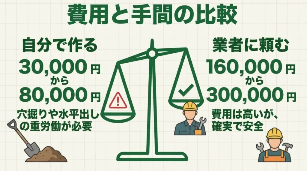庭の鉄棒をDIYで設置する費用と業者へ依頼する費用、作業負担と安全性の違いを比較した図