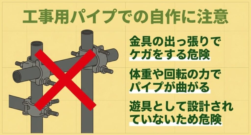 単管パイプの鉄棒自作で金具の突起によるけがや、体重と回転の力によるパイプの変形が起こる危険を示した図