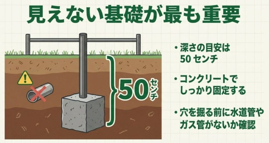鉄棒のコンクリート基礎について深さ50センチを一例として示し、施工前の水道管やガス管確認を促す図
