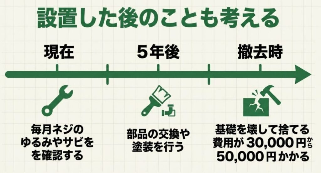 鉄棒設置後のネジや錆の点検、部品交換や塗装、コンクリート基礎を撤去するまでの流れを示した図