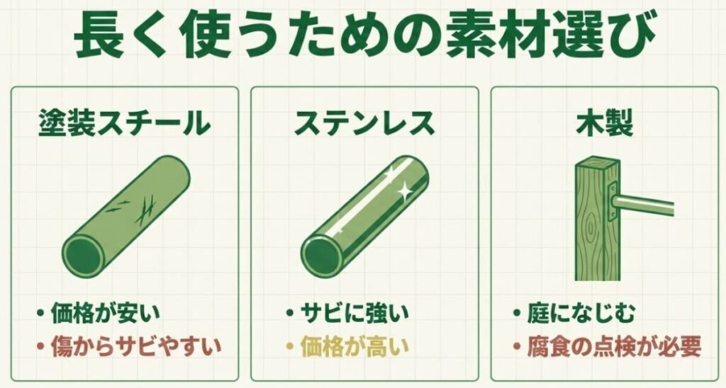 塗装スチール、ステンレス、木製の鉄棒について価格、錆への強さ、腐食点検の必要性を比較した図
