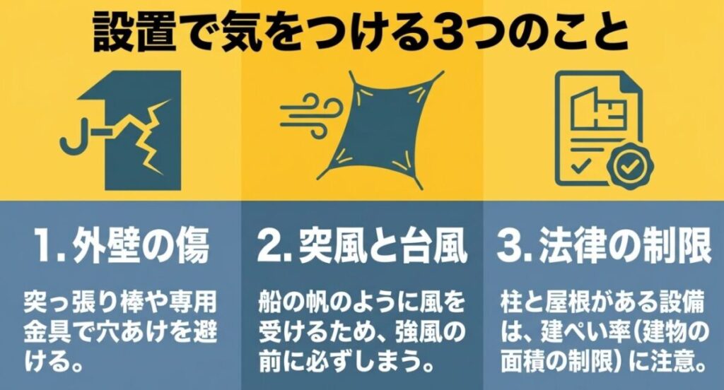 庭の日よけ設置で注意する外壁の傷、突風と台風、建ぺい率など法律上の制限