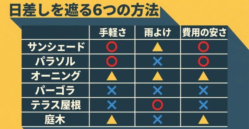 サンシェード、パラソル、オーニング、パーゴラ、テラス屋根、庭木を手軽さ・雨よけ・費用で比較した表