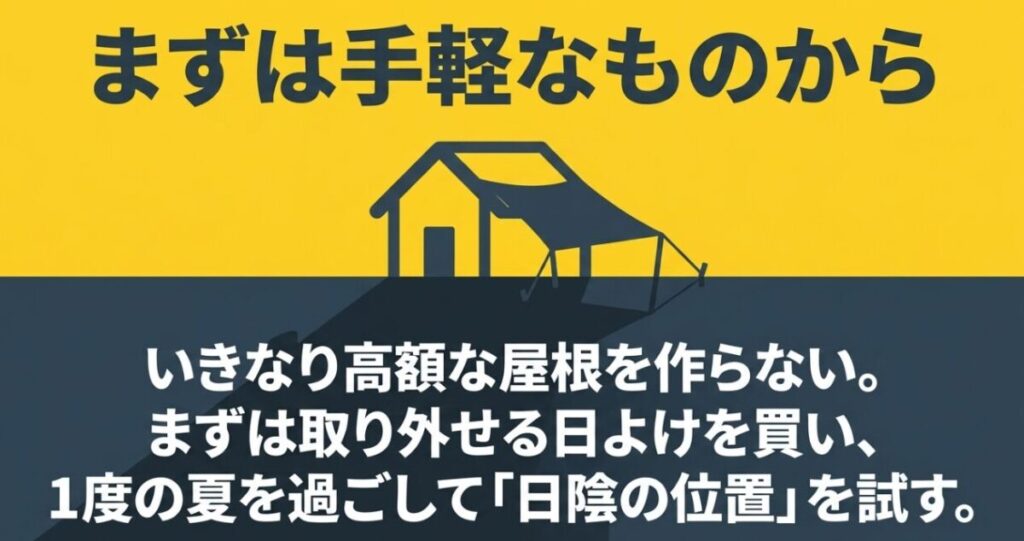 高額な屋根を急いで設置せず、取り外せる日よけで日陰の位置を試す方法