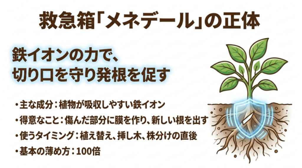 メネデールは吸収されやすい鉄イオンで切り口の保護と発根を助け、植え替えや挿し木、株分け直後に100倍を基本に使うことを示す図