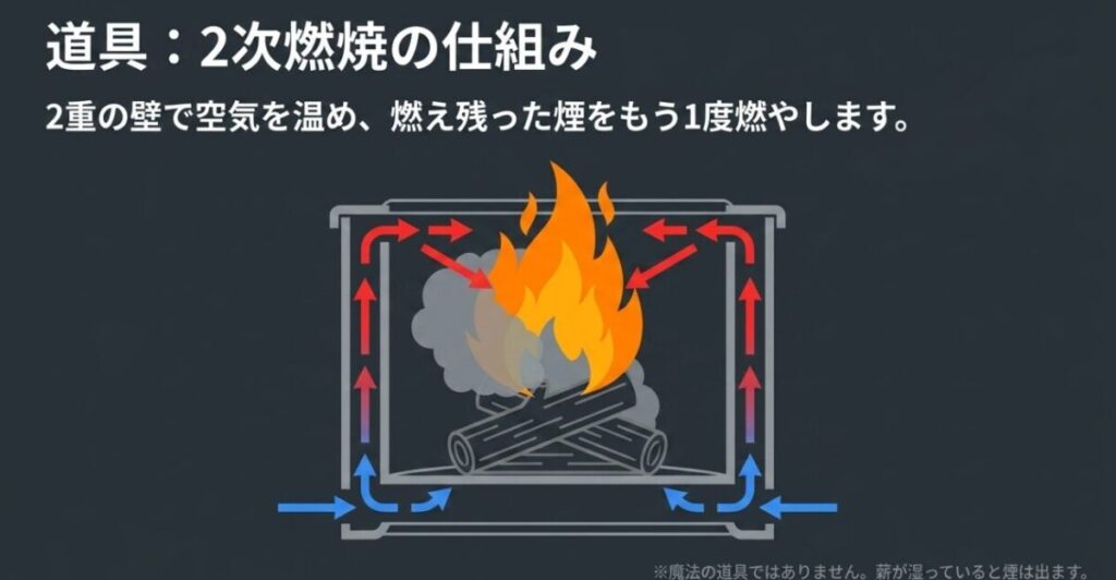 二重壁で温めた空気が上部から出て燃え残った煙を再燃焼させる仕組みの図