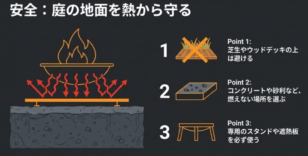 芝生やウッドデッキを避け、コンクリートや砂利の上で専用スタンドと遮熱板を使う説明図