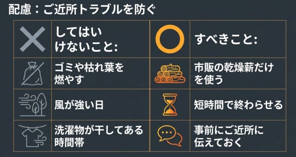 ごみや枯れ葉を燃やさず乾燥薪を使い、強風日や洗濯物のある時間を避ける配慮を示した表