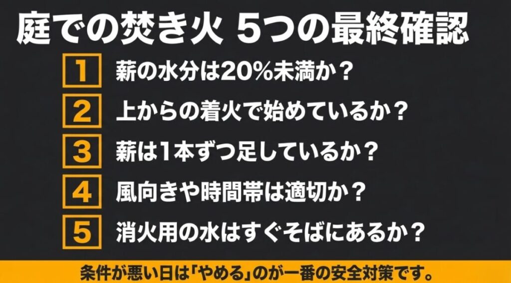 薪の水分、上からの着火、薪の追加、風向き、消火用の水を確認する最終チェックリスト