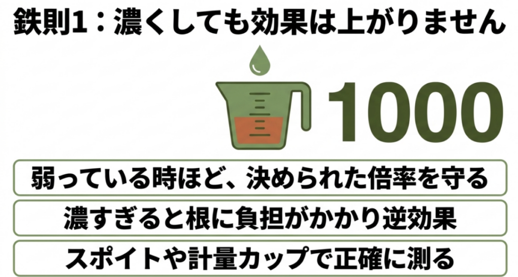 活力液は濃くしても効果が上がらず根の負担になるため、規定倍率を守りスポイトや計量カップで正確に測る注意点