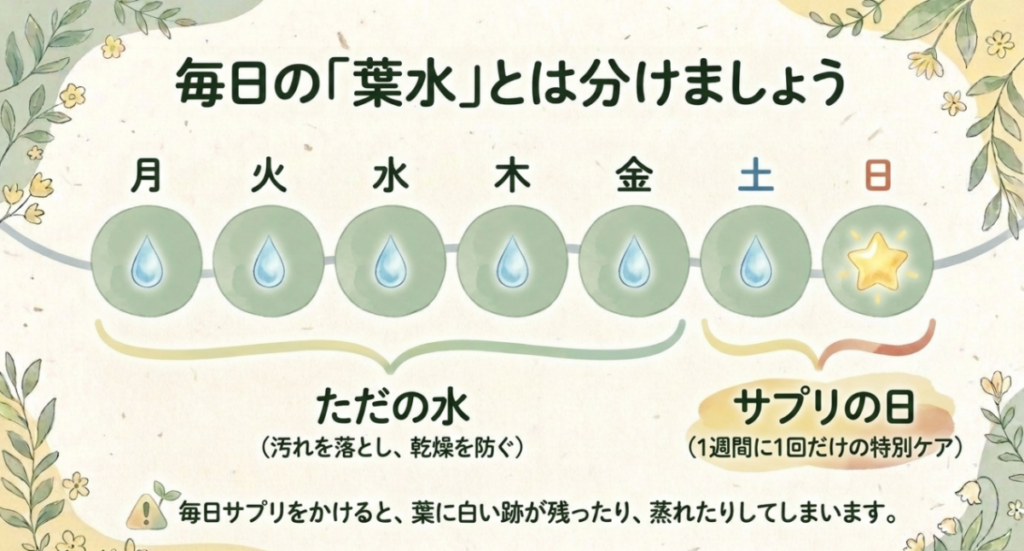 リキダスを使う葉面散布は週1回とし、日常の葉水とは分けて管理する方法を示したカレンダー