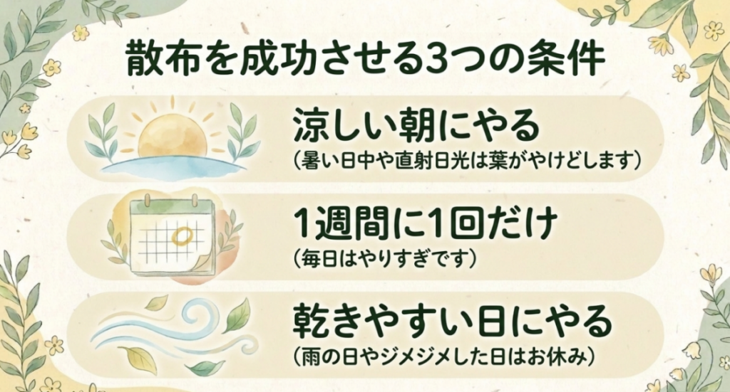 リキダスは涼しい朝に週1回、雨や高湿度を避けて乾きやすい日に葉面散布することを示す図