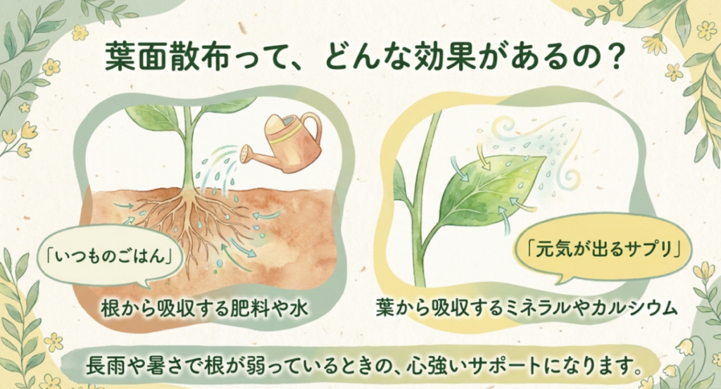 根から吸収する肥料や水と葉から吸収するミネラルやカルシウムを比較した、リキダスの葉面散布の効果を示す図