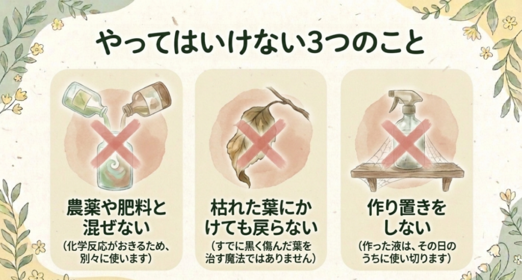 リキダスを農薬や肥料と混ぜること、枯れた葉にかけること、希釈液を作り置きすることを避ける注意点
