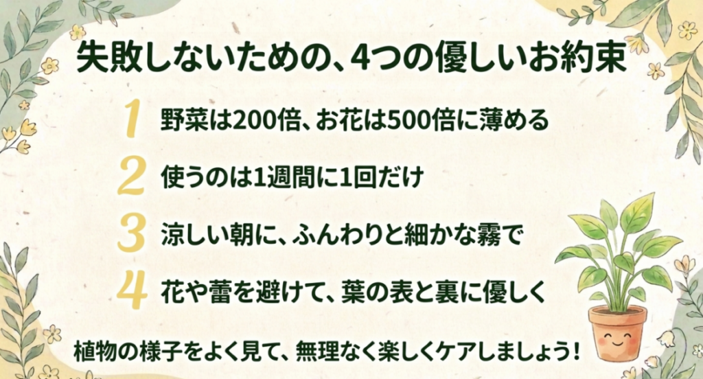 野菜200倍、草花500倍、週1回、涼しい朝、花や蕾を避けて葉の表裏へ散布するポイントをまとめた図