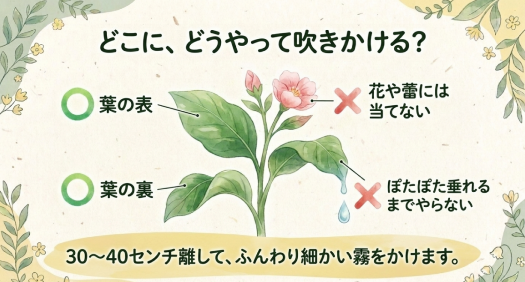 リキダスを葉の表と裏へ30〜40cm離して細かな霧で散布し、花や蕾と滴るほどの噴霧を避ける方法を示す図