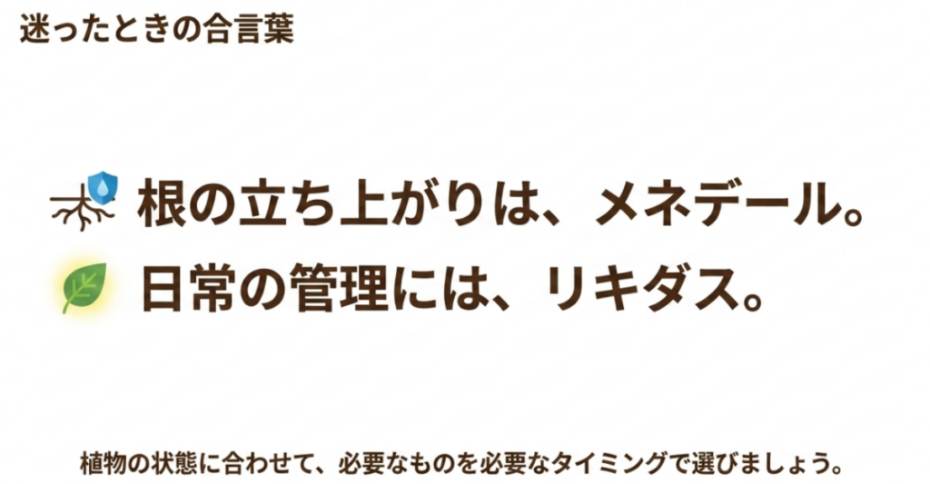 根の立ち上がりにはメネデール、根付いた植物の日常管理にはリキダスを選び、植物の状態に合わせて使い分けるという結論