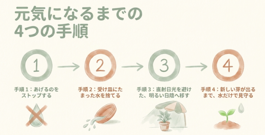 リキダスの追加を止め、受け皿の水を捨て、明るい日陰へ移し、新芽が出るまで水だけで見守る4つの手順