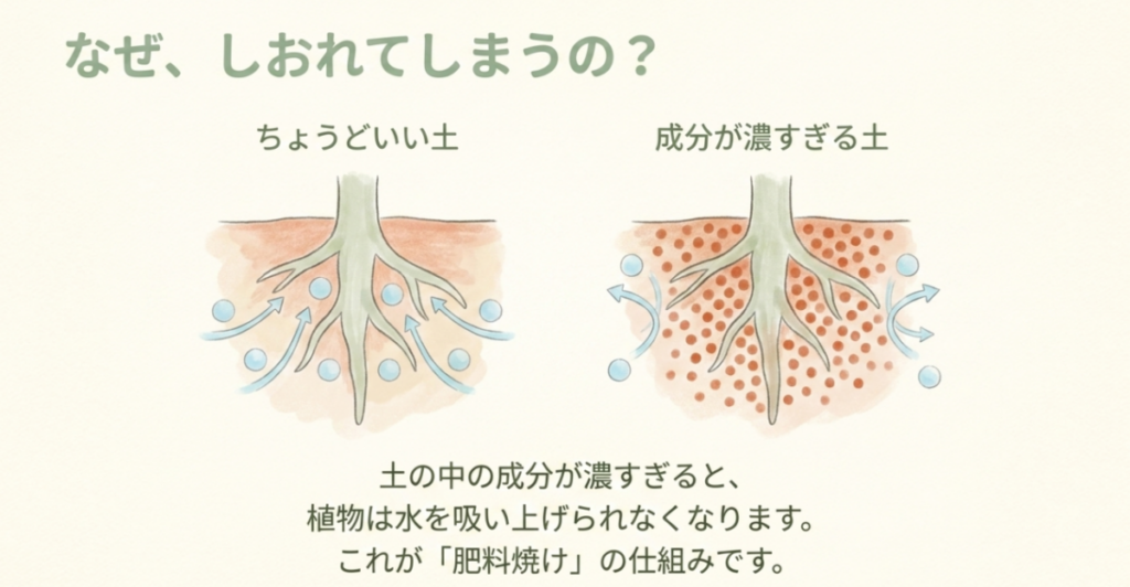 適正な土と成分濃度が高すぎる土を比較し、根が水を吸いにくくなる肥料焼けの仕組みを示した図
