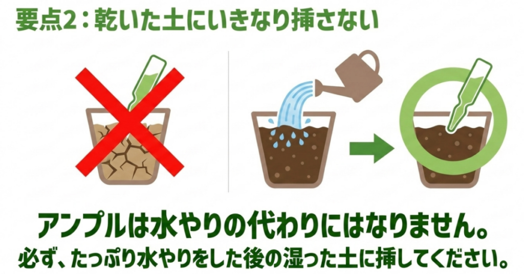 乾いた土へリキダスアンプルを直接挿さず、十分に水やりした後の湿った鉢土へ挿す手順