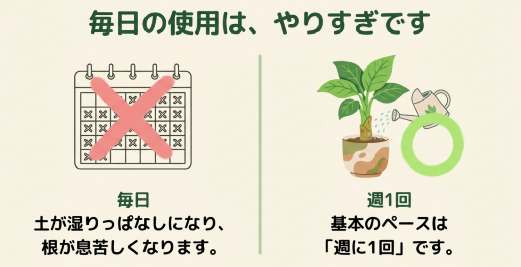 リキダスを毎日使うと土が湿り続けて根の負担になり基本の使用頻度は週1回と示す比較図