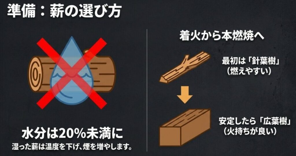 薪の水分は20パーセント未満を目安にし、着火は針葉樹、安定燃焼は広葉樹を使う説明図