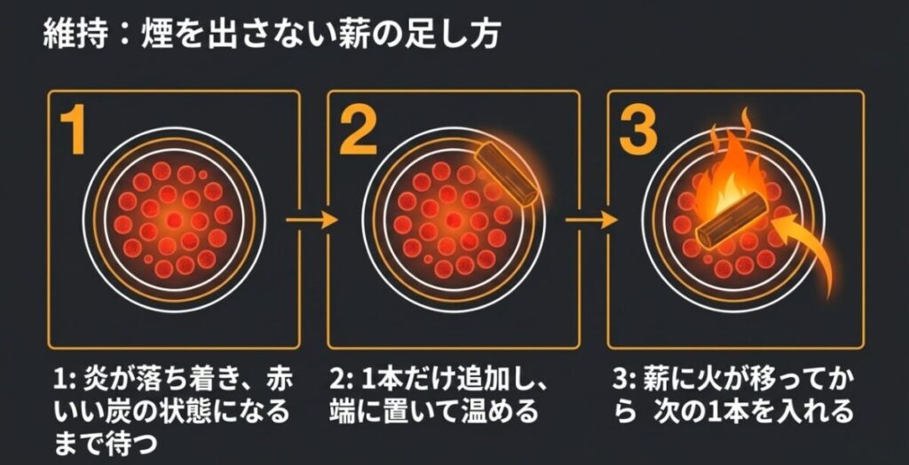 熾火が安定してから薪を1本ずつ温めて追加し火が移ってから次を入れる手順図