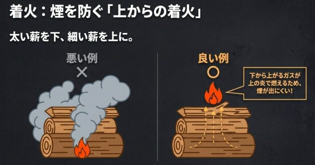 太い薪を下に置き細い薪を上にして上から着火すると煙が出にくいことを示した比較図