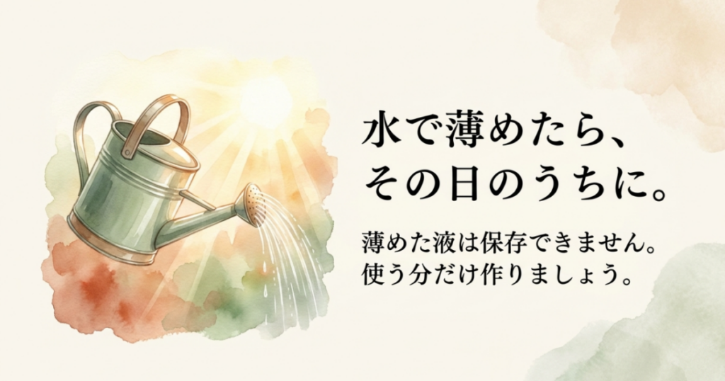 ジョウロのイラストとともに、薄めたリキダスは使う分だけ作り、その日のうちに使い切ると伝えるスライド
