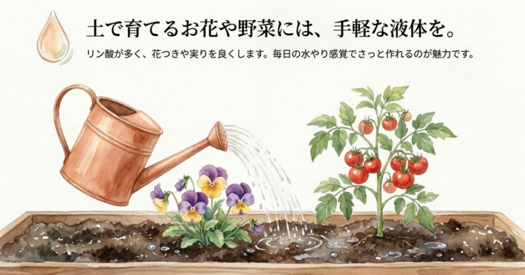 土で育つパンジーとトマトにジョウロで水を与えるイラストと、原液を追肥に使う場面を示したスライド
