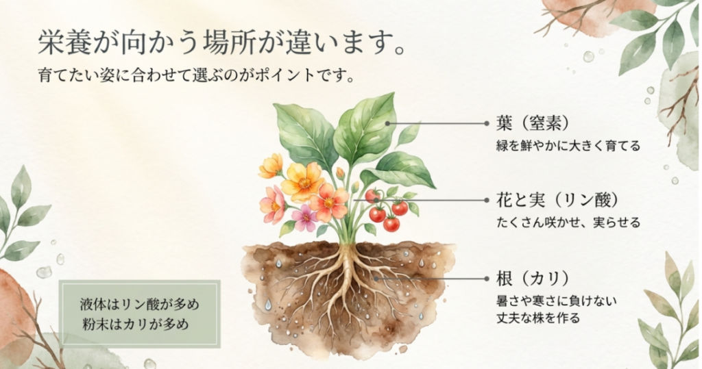 植物の葉・花と実・根を使って窒素・リン酸・カリを示し、原液はリン酸、微粉はカリが多い配合だと説明するスライド