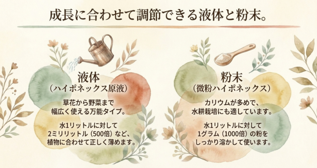 ハイポネックス原液と微粉ハイポネックスの用途、水1Lに対する計量例を比較した図