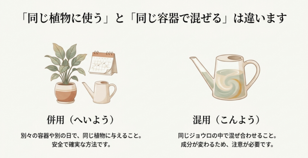 同じ植物に複数の資材を使う併用と、同じジョウロで資材を混ぜる混用をイラストで比較した図