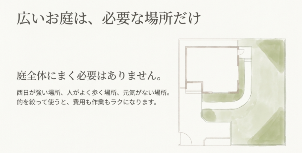 広い庭では西日が強い場所、人がよく歩く場所、元気がない場所に絞ってリキダスを使う考え方