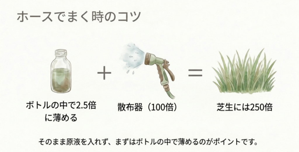 リキダスをボトル内で2.5倍に薄め、100倍のホース散布器を通して芝生へ250倍で散布する方法