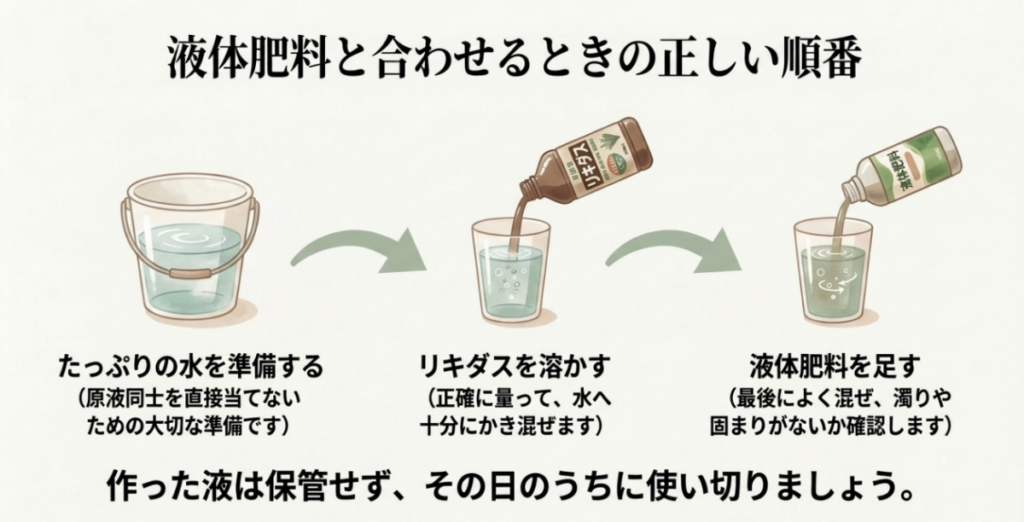 水を全量入れ、リキダスを薄め、対応する液体肥料を加える順番と、その日のうちに使い切る注意点を示した図