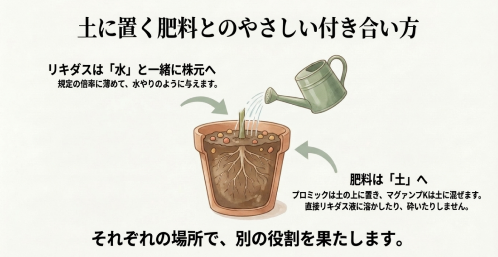リキダスは水で薄めて株元へ、プロミックは土の上へ、マグァンプKは土へ混ぜて使う方法を示した図