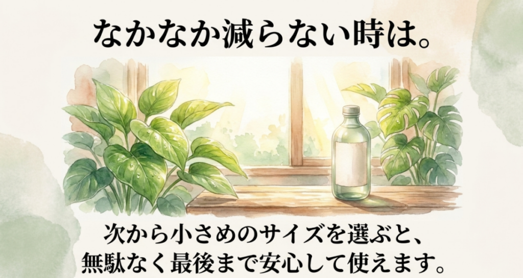 リキダスがなかなか減らない場合は、次回から使用量に合う小さめの容量を選ぶと提案するスライド
