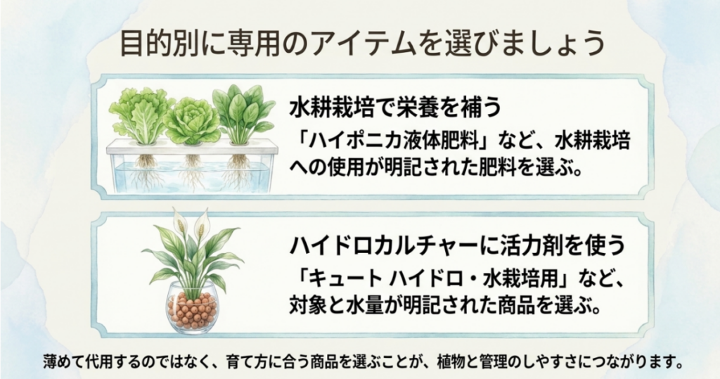 水耕栽培の栄養補給にはハイポニカ液体肥料、ハイドロカルチャーの活力剤にはキュート ハイドロ・水栽培用を例示した比較図
