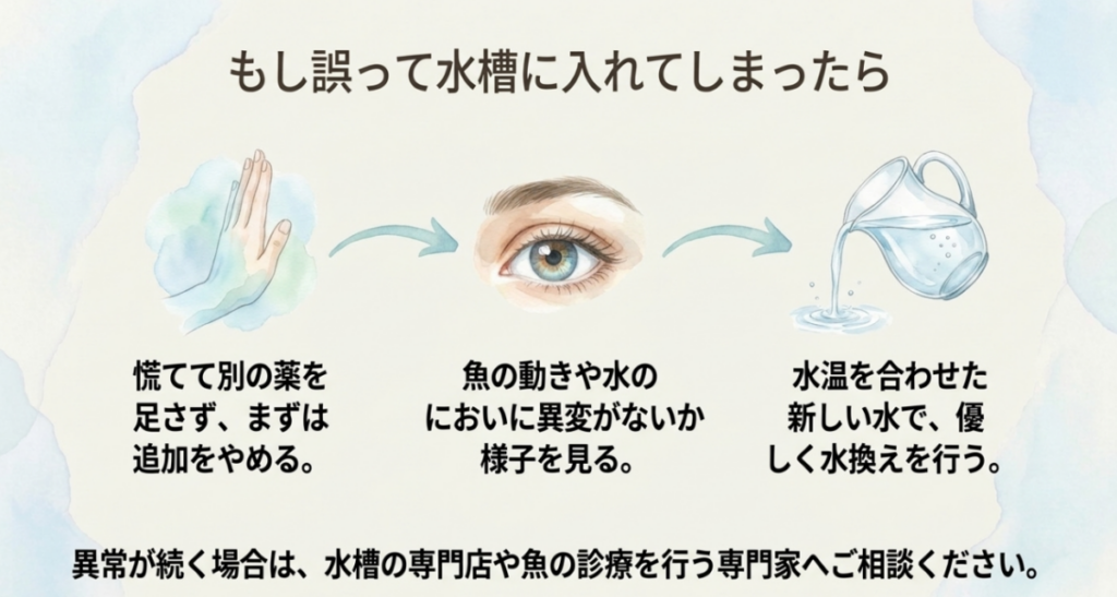 リキダスを水槽へ誤って入れた場合に、追加をやめて生体と水の状態を確認し、必要に応じて水温を合わせた水で換水する流れを示す図