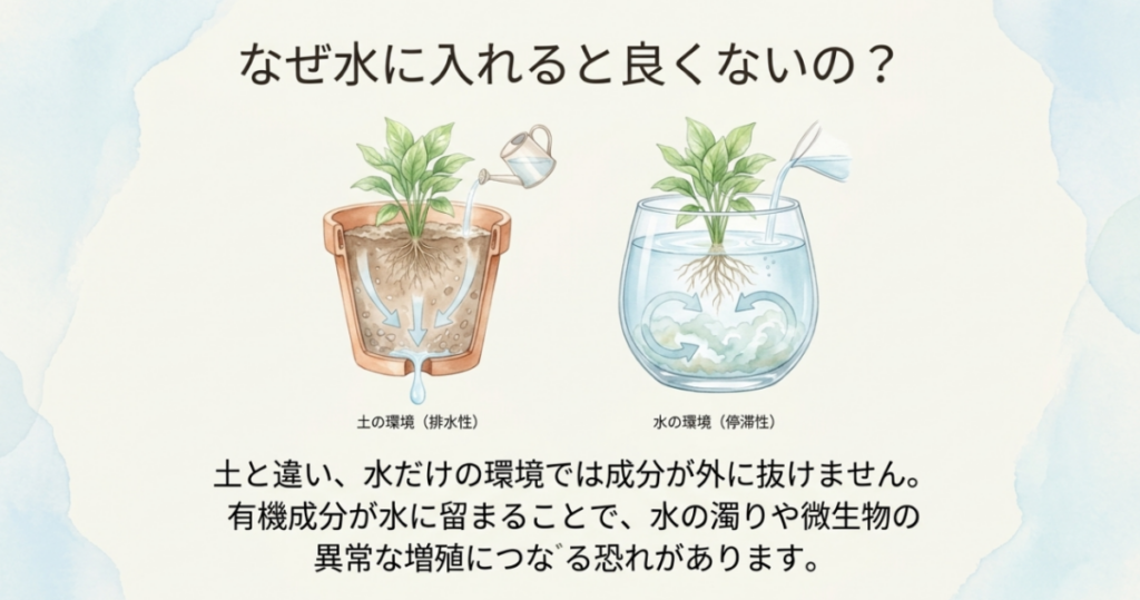 水が排出される土植えの鉢と水がたまる容器を比較し、有機成分が水に残ることで濁りや微生物の増殖につながる可能性を示す図